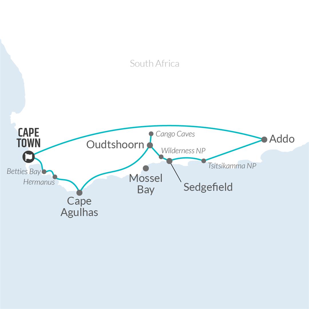 10 Day Cape Town, Garden Route & Addo Adventure Map