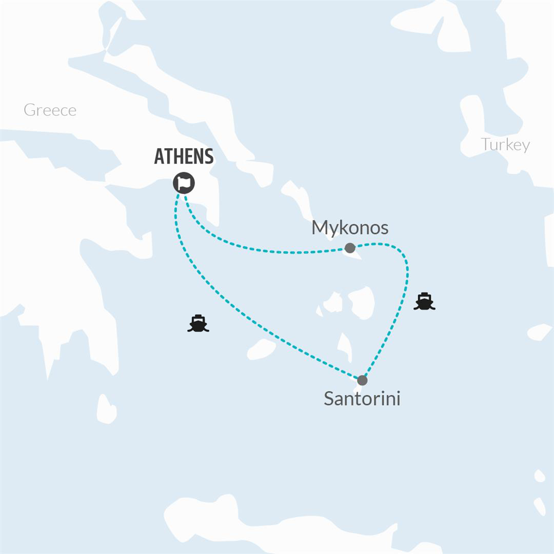 8 Day Athens, Santorini & Mykonos Island Hopping map