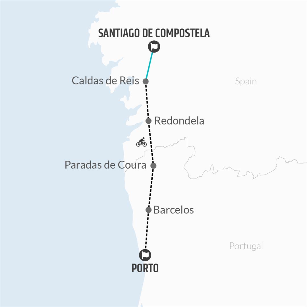 7 Day Camino de Santiago Biking Adventure from Porto Map
