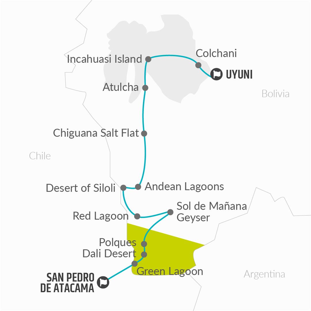 3 Day Uyuni Salt Flats & Desert Adventure Map